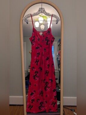 A New Day Ruched Satin Slip Midi Dress in Red Floral